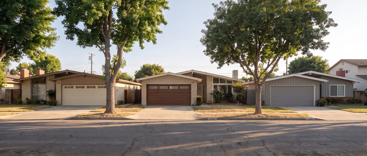 The same street and house, drawn with a new flush-panel walnut garage door.