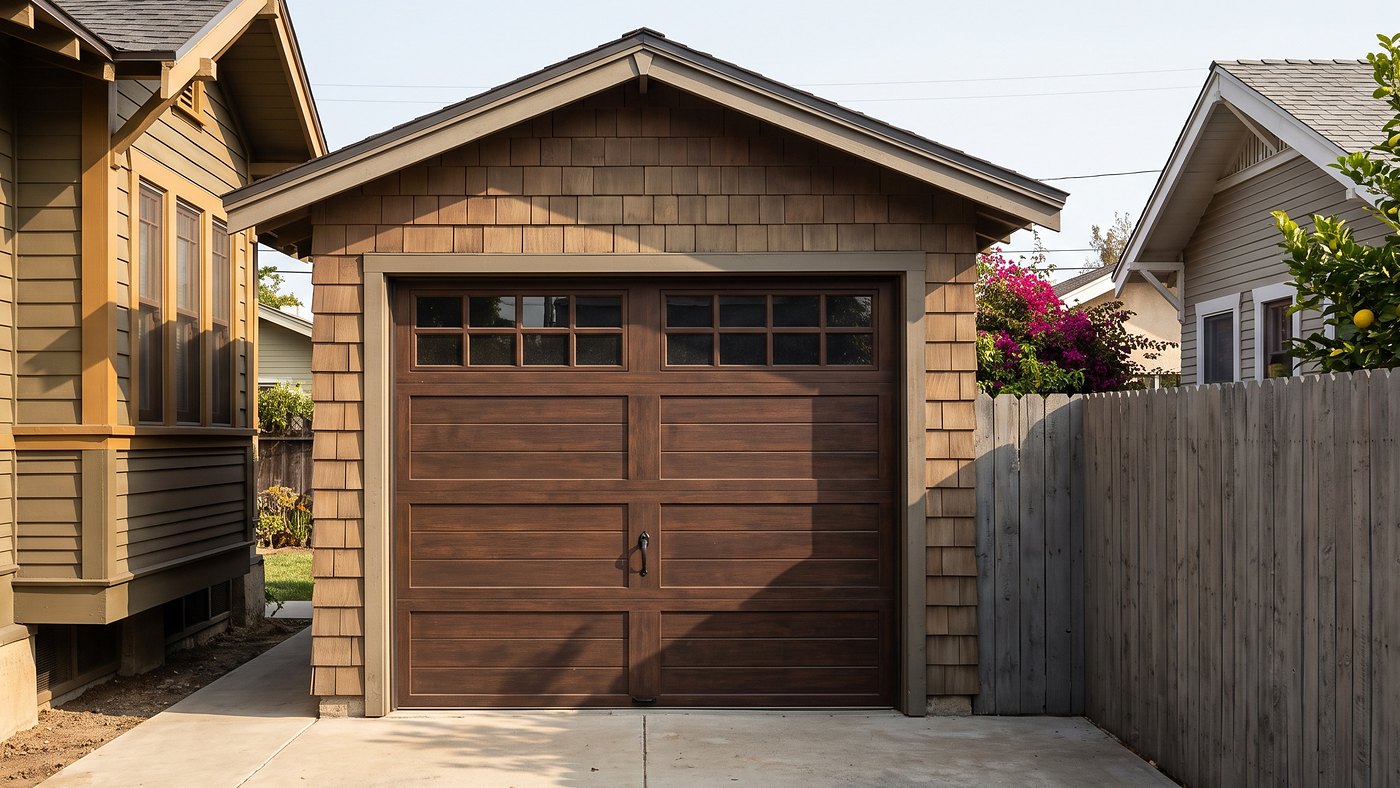 Dark-stained carriage-style garage door with a glazed top section on a detached Craftsman rear garage in Los Angeles.