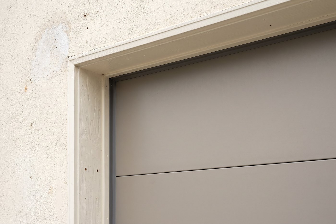 The stop molding and weatherseal turning the corner from head to jamb, with the door face set behind it.