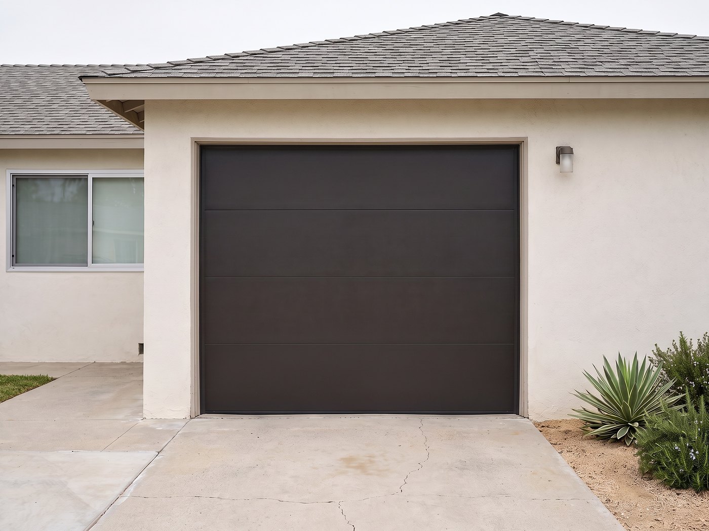 Flush near-black painted door on the same post-war Los Angeles single-door elevation.
