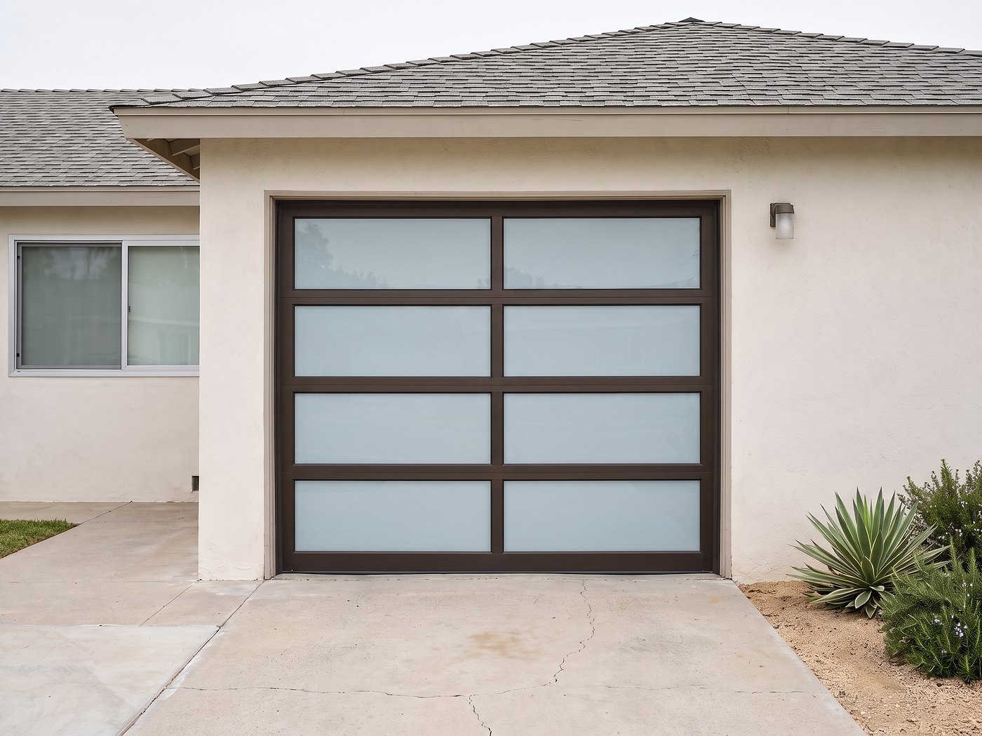 Aluminum and frosted-glass full-view door on the same post-war Los Angeles elevation.