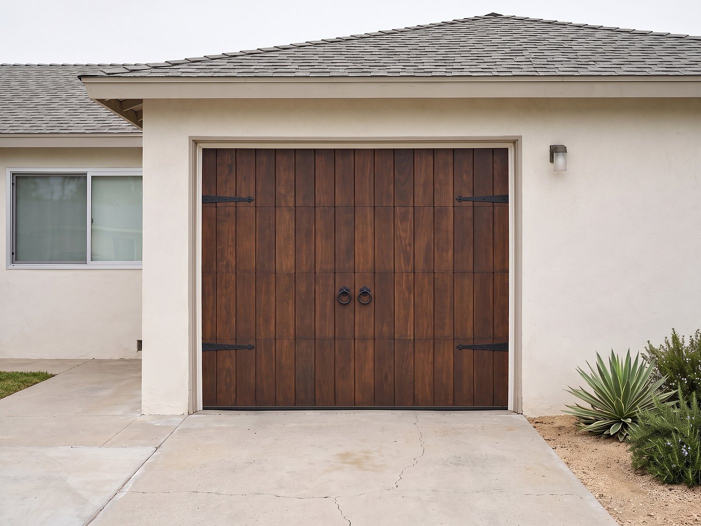 Stained vertical-plank door with iron straps and ring pulls on the same post-war Los Angeles elevation.