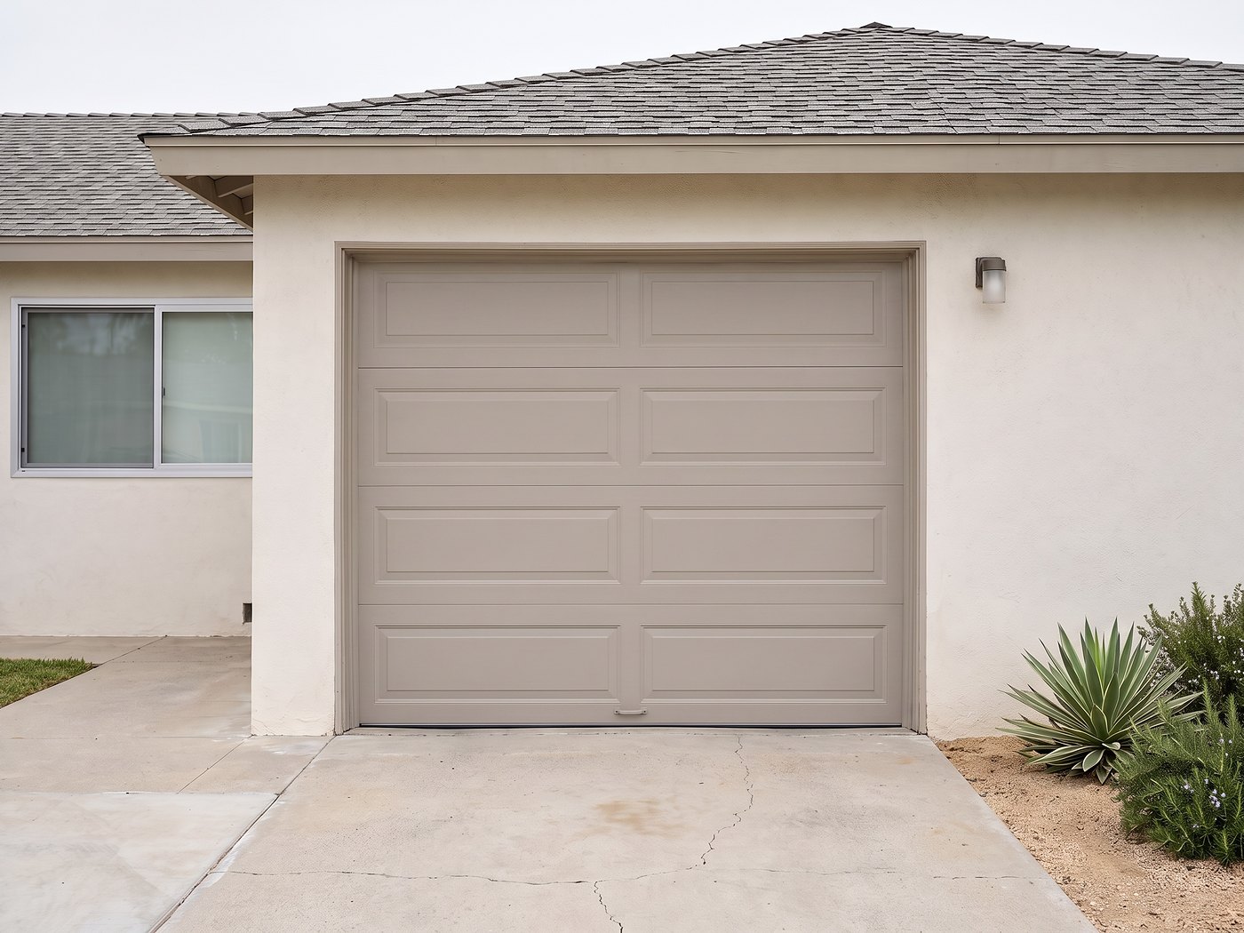 Painted recessed-panel door with two even bays on the same post-war Los Angeles elevation.