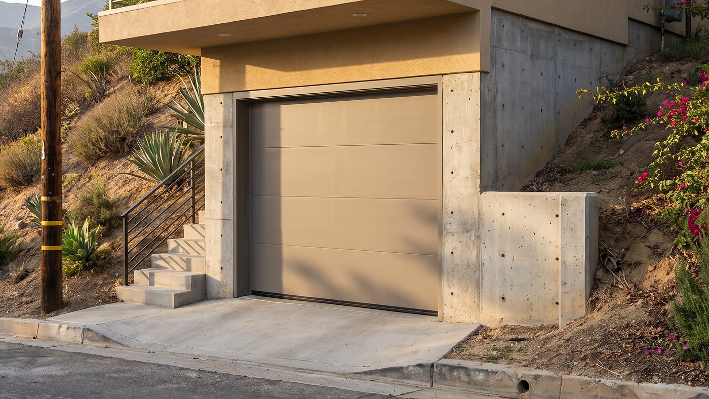 Flush single-car garage door in the concrete base of a Los Angeles hillside house at street grade.