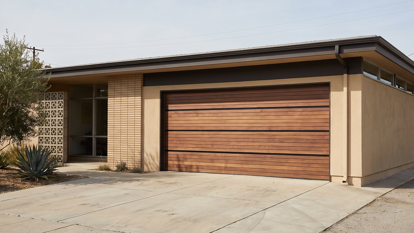 Walnut horizontal-slat garage door under an unbroken flat roofline on a midcentury Los Angeles house.