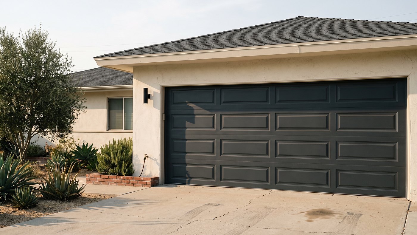 Charcoal long-panel double garage door on a 1950s Southern California ranch elevation.