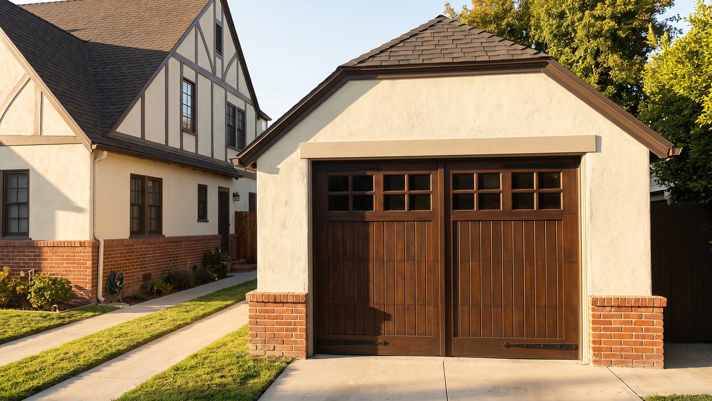 Dark walnut plank garage door with iron strap hinges on a detached Tudor Revival garage in Los Angeles.