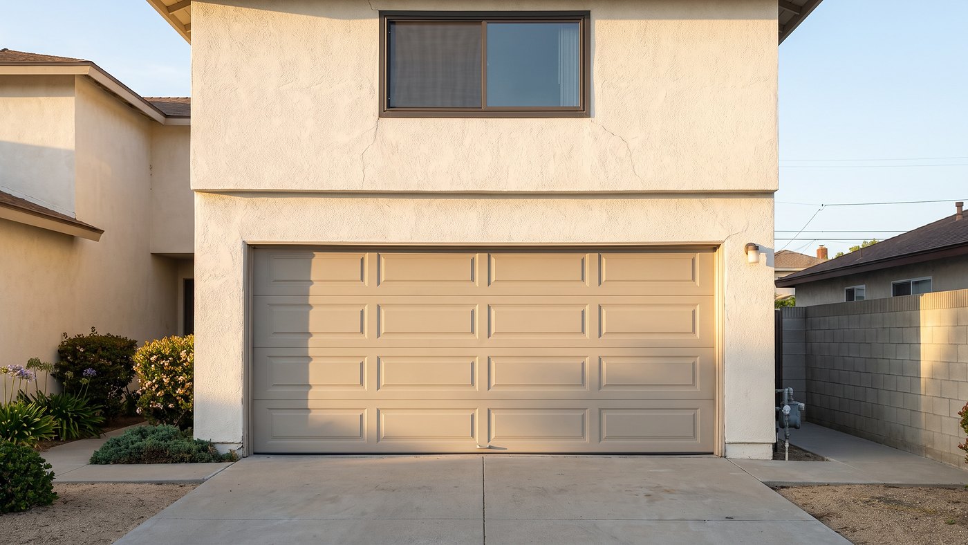 Sandtone long-panel double garage door set under the second story of a Los Angeles tract house.