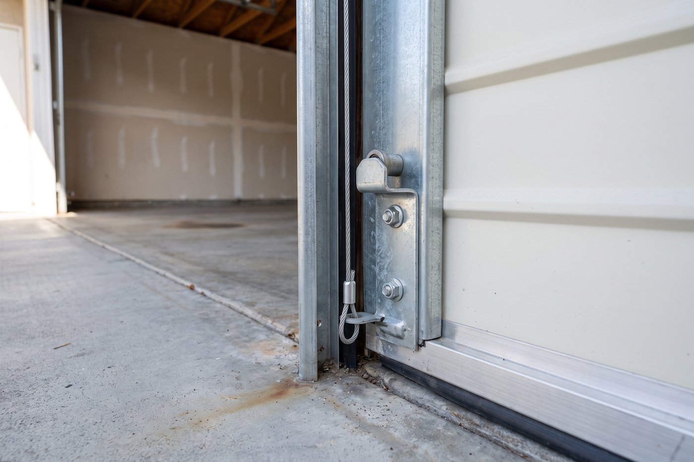 The bottom bracket at the outer corner of a garage door, with the lift cable terminating on its stud.