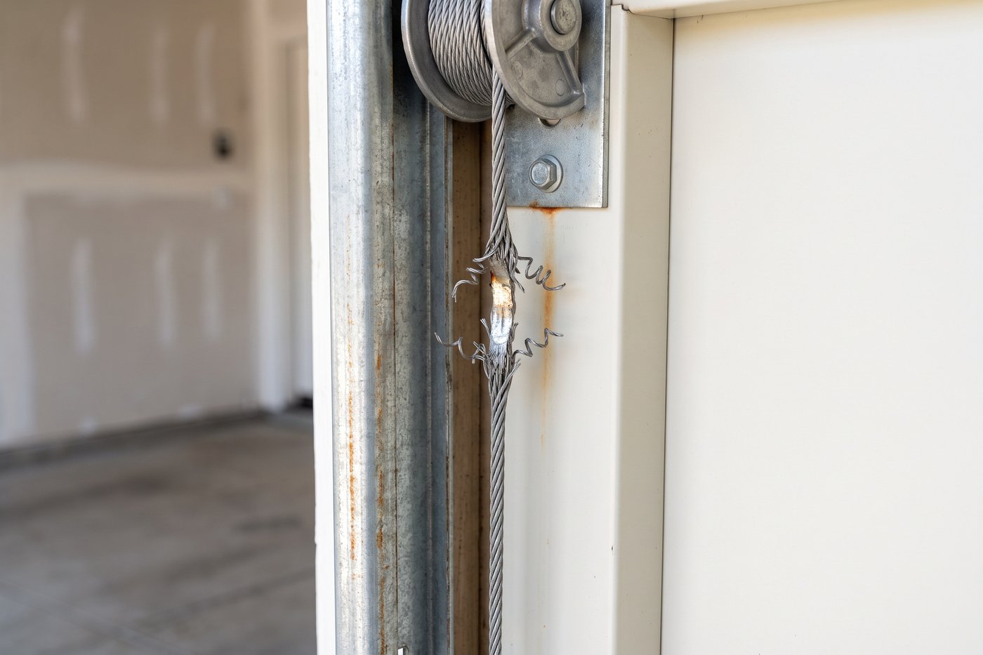 Broken outer wires splayed from a garage door lift cable, worn bright against a dull rust stain.