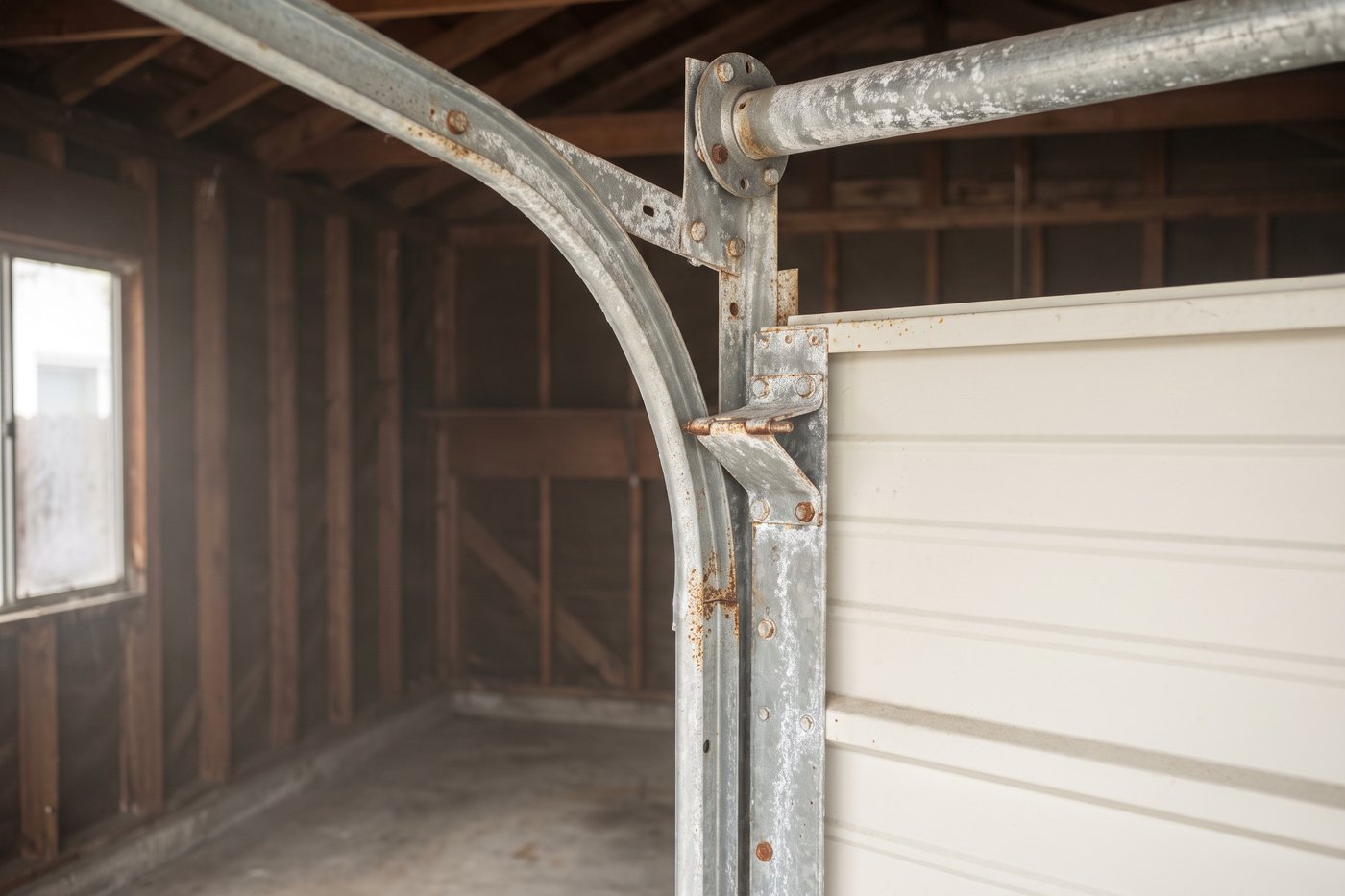 White zinc bloom and rust freckling on galvanized garage door track in coastal Los Angeles air.