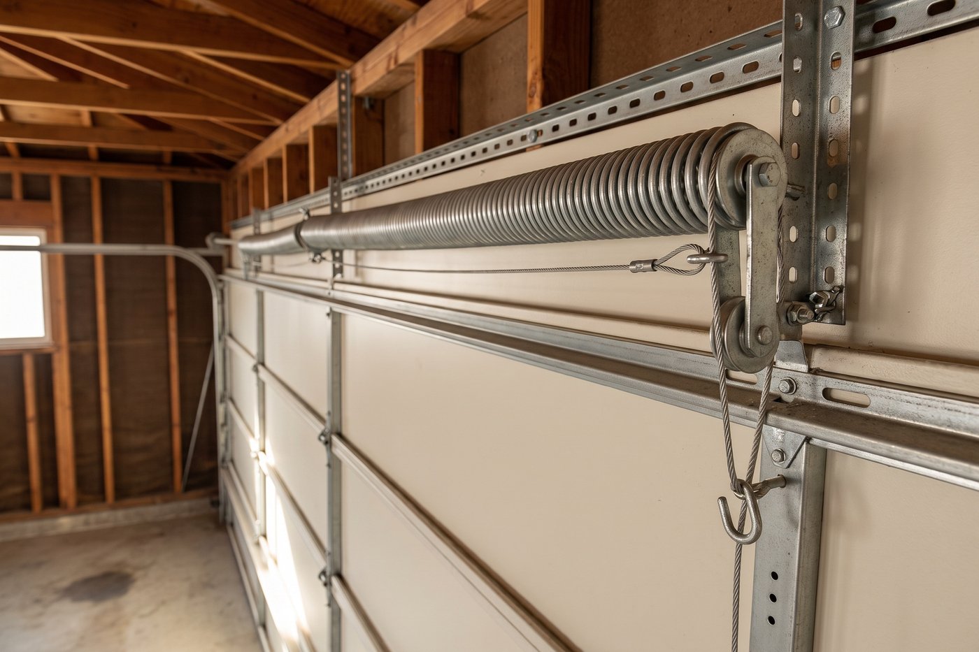 An extension spring above the horizontal track, with its safety containment cable running through the bore.
