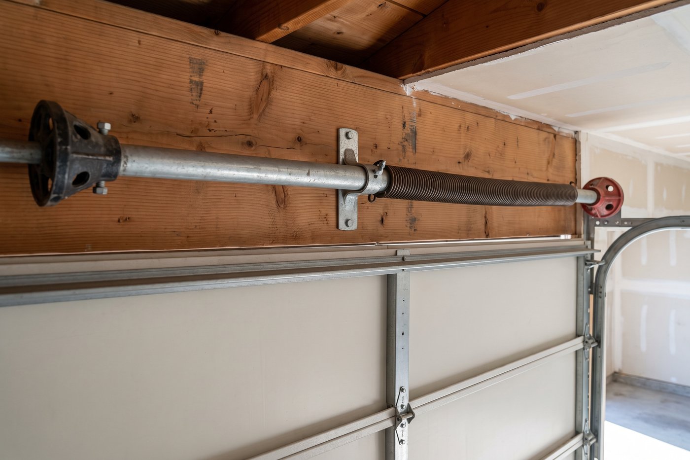 The band of wall above a garage opening, seen from inside, with the torsion shaft running across it.