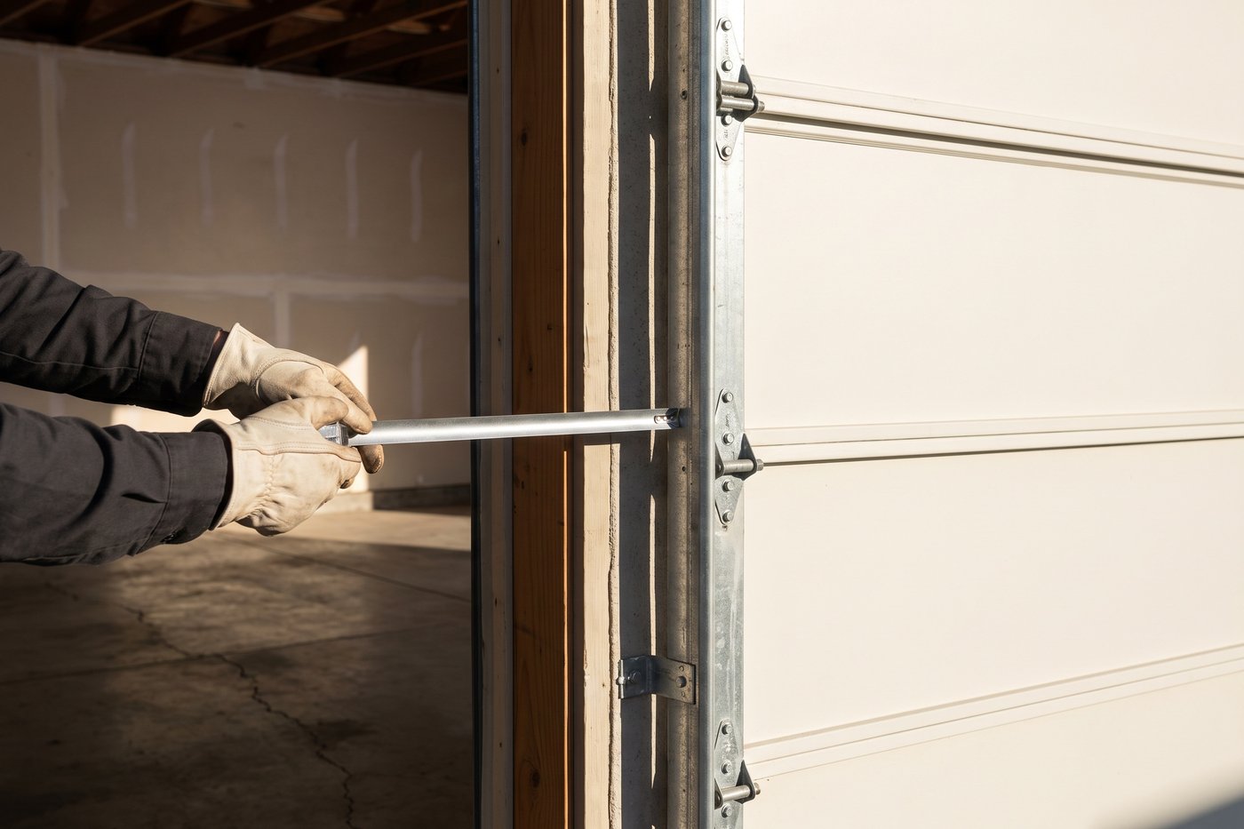 A gloved hand holding a tape measure across the inside of a garage opening at the jamb.