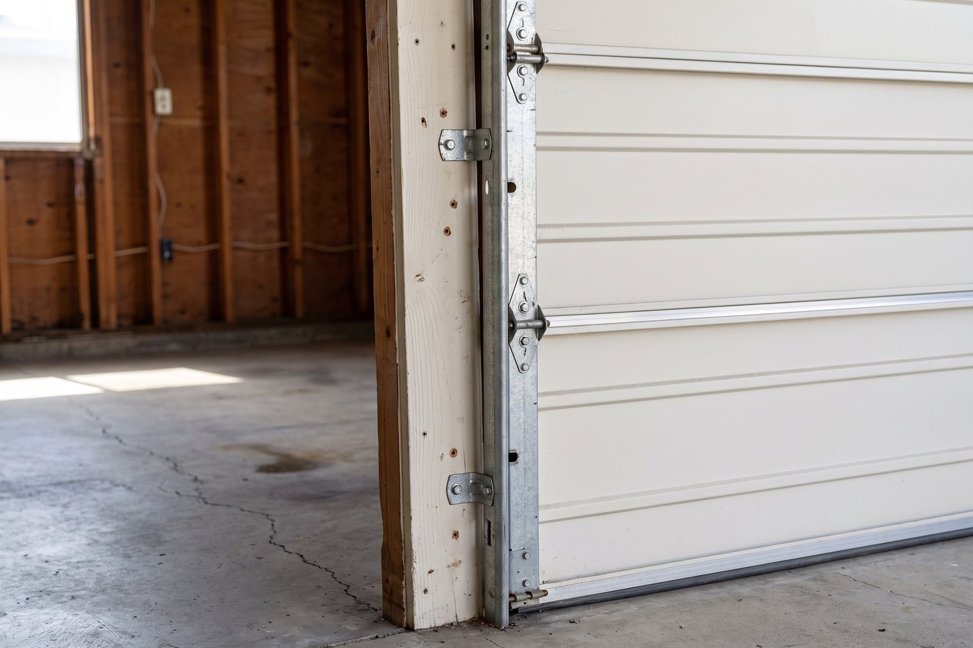 A vertical garage door track held to a wooden jamb by three lag-screwed brackets.