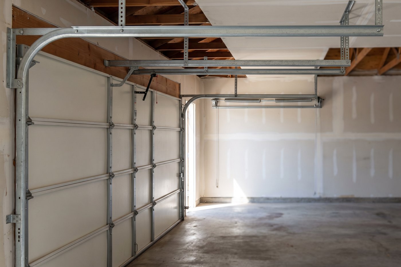 Two horizontal low-headroom track runs at different heights, with the counterbalance at the rear wall.
