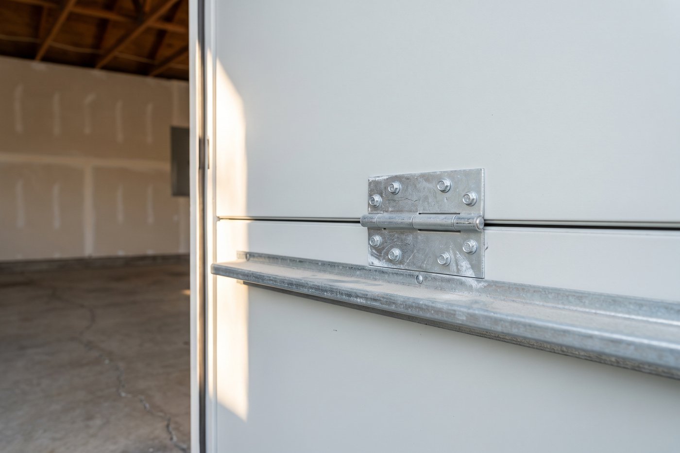 The inside face of a garage door section, with a horizontal strut across it and a center hinge.