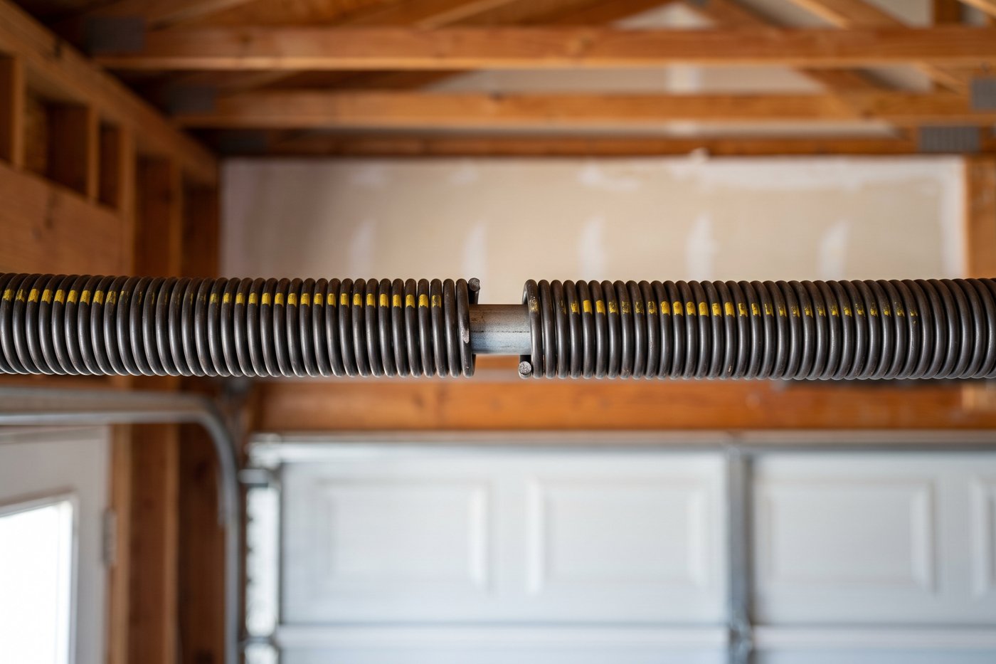 A fractured torsion spring with a short gap between the broken ends and the shaft running on through it.