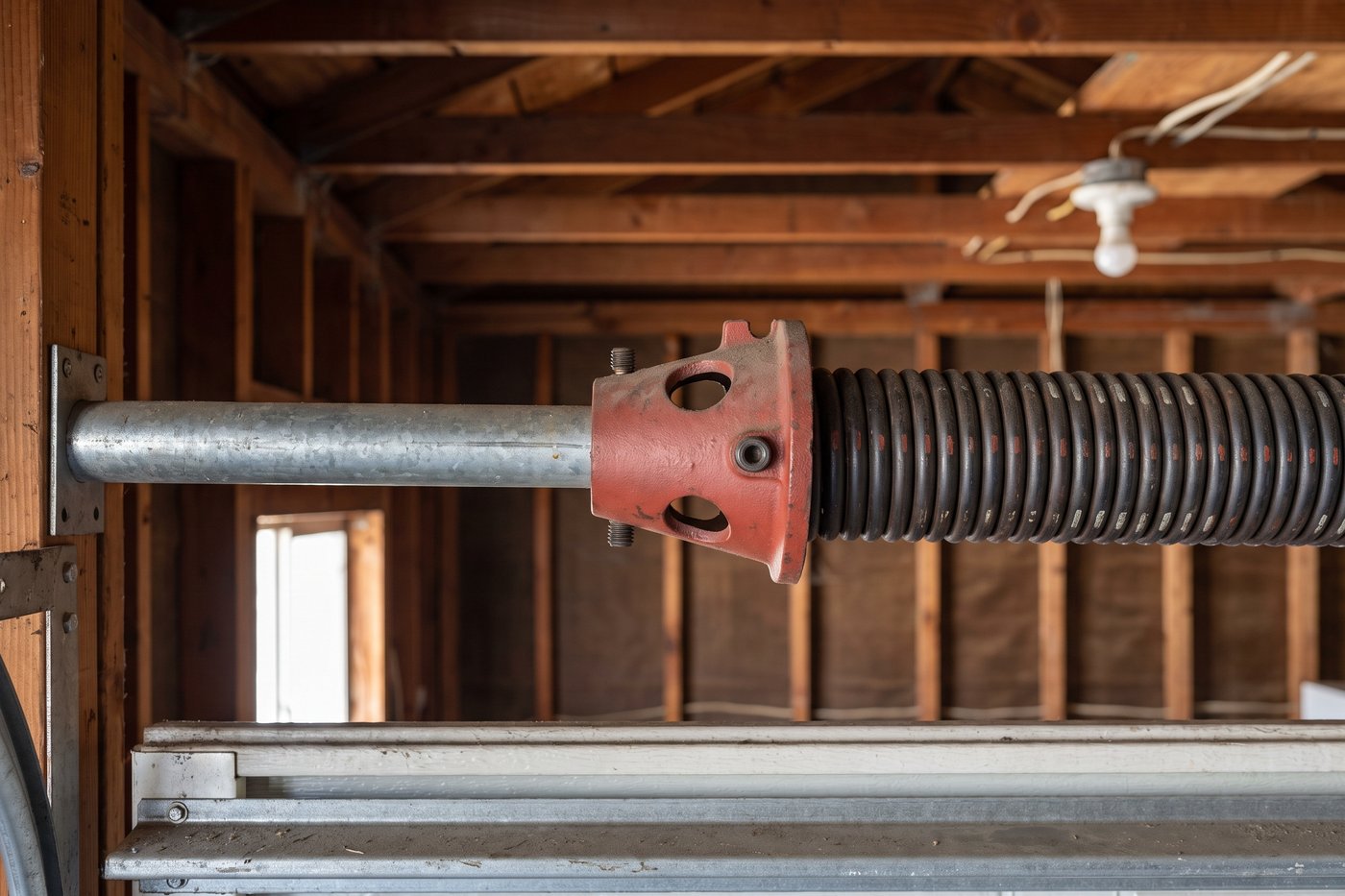A winding cone on a torsion shaft, its four winding holes and two set screws meeting the first coil.