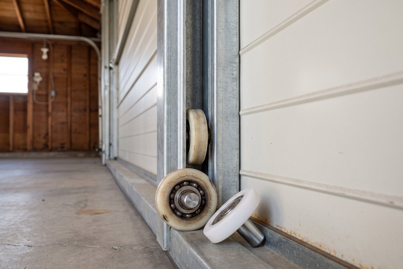 A flat-spotted, cracked roller wheel lying beside a fresh replacement of the same part.