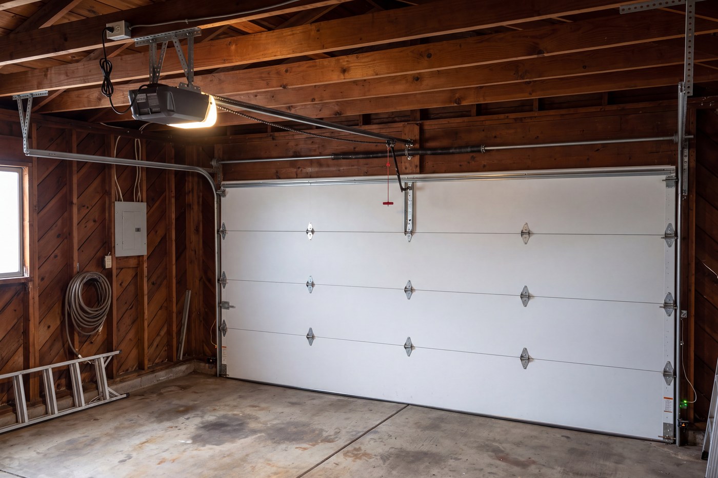 A chain drive opener on a ceiling rail in an older detached Los Angeles garage with exposed rafters.