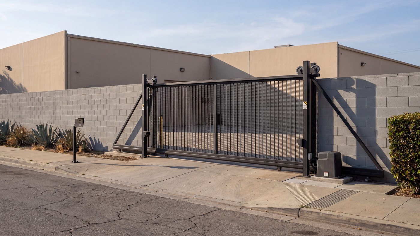 A screened cantilever slide gate on two roller trucks, its tail behind the wall and no ground track.