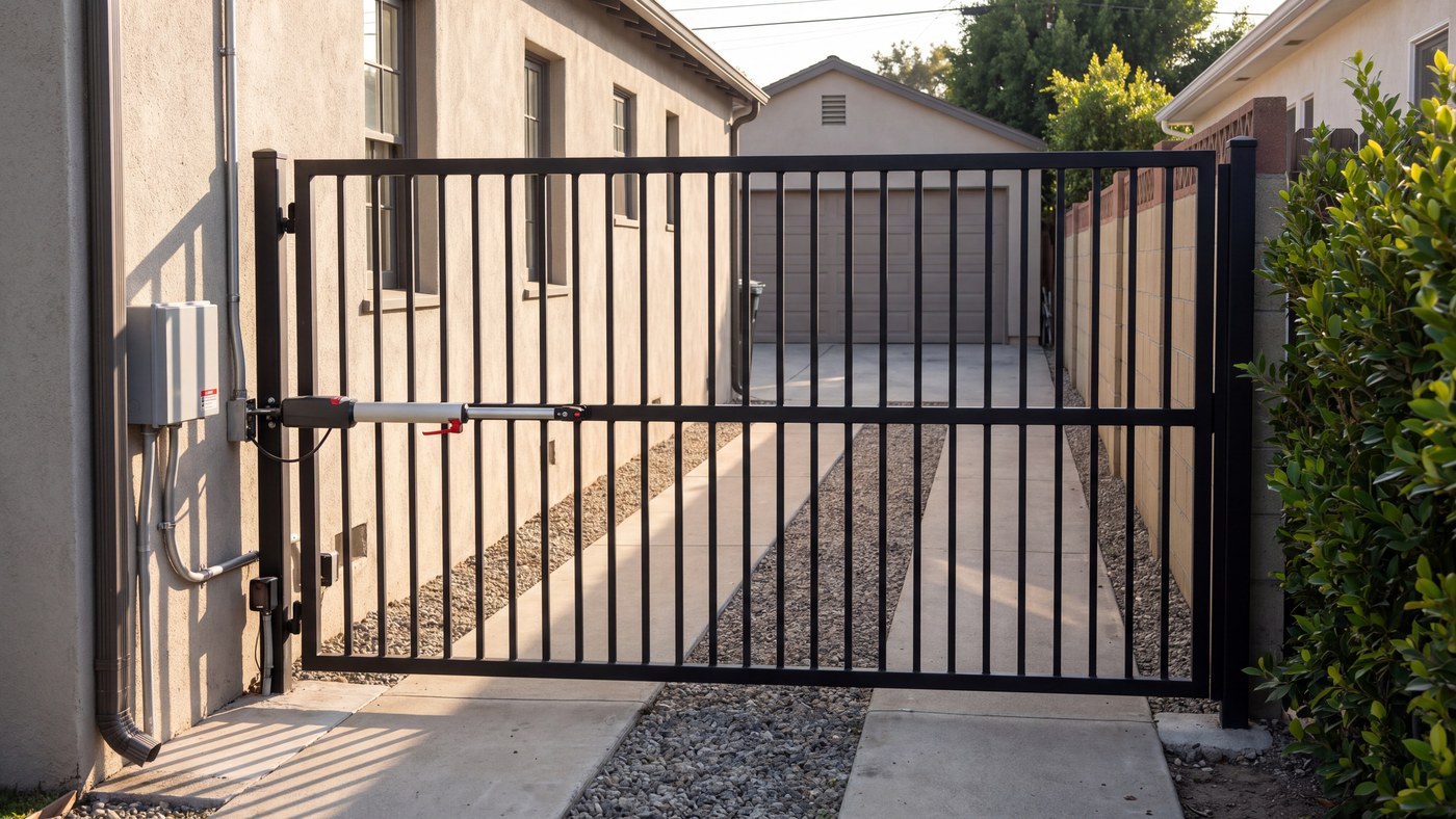 A single-leaf swing gate set back down a two-ribbon side driveway to a detached rear garage.