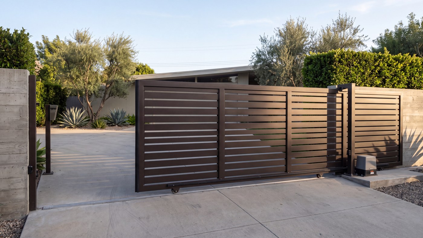 A horizontal-slat sliding driveway gate with its operator chassis and gear rack beside the leaf.
