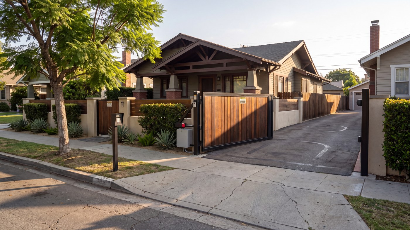 A cedar-clad steel driveway gate set back from the street at a Craftsman frontage, its operator behind.