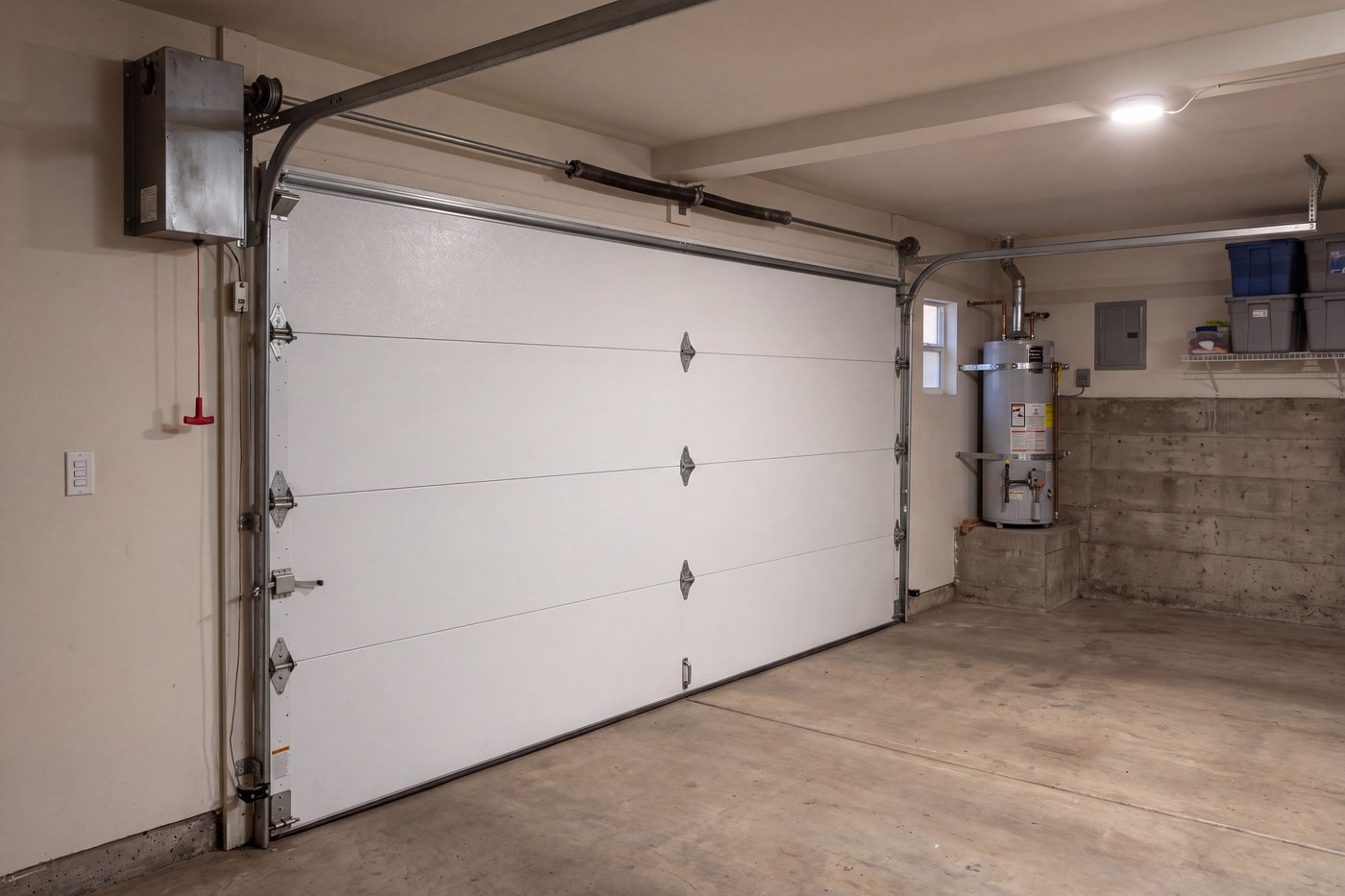 A wall-mount jackshaft opener coupled to the torsion shaft beside the opening, with no ceiling rail.