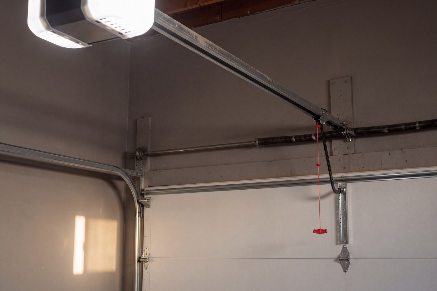 The trolley on an opener rail, its red release handle hanging, with the arm reaching the top section.