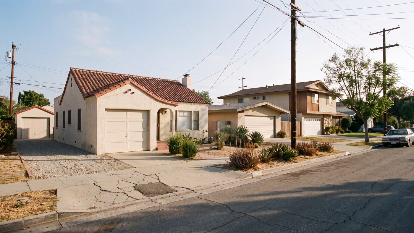 A Los Angeles residential street with three closed garage doors on three different house types.